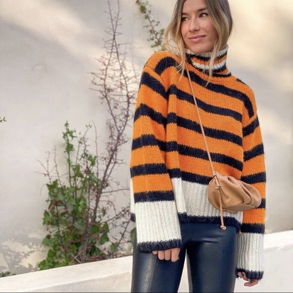 Zara Orange, White and Black Striped Knit Sweater in Alpaca Wool Blend, sz S